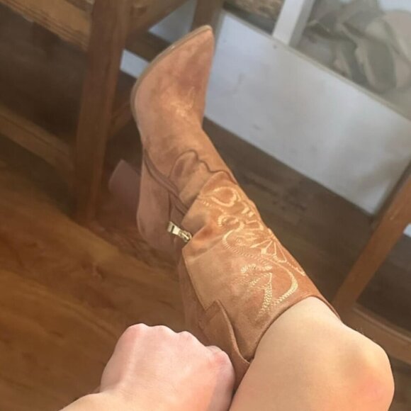 🆕Women Brown Knee High Pointed Toe Chunky High Heels Pull-on Embroidered Boots - Picture 2 of 9